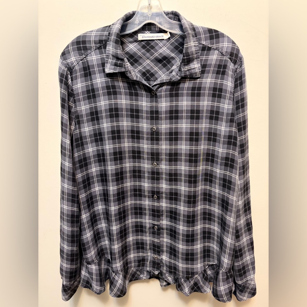 Anthropologie STANDARD GRACE Oversized Lyocell Chambray Ruffle Hem Shirt